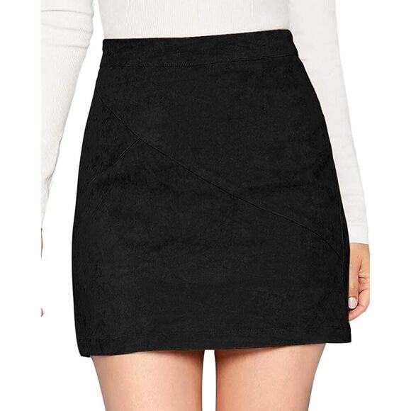 MangoPop Women's Black High-Waisted Mini Faux Suede Skirt - Picture 1 of 10